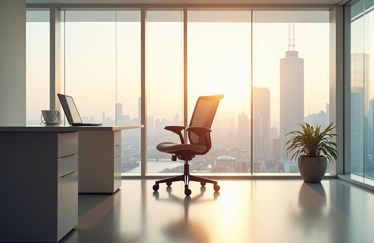 A Kokoro Seating ergonomic chair in a modern, minimalist office setting with a view of Yokohama.